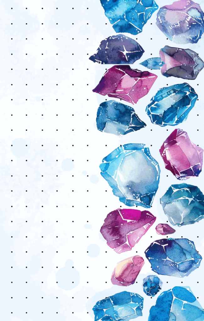 Clip of a dot grid journal page with a soft blue watercolor background and brilliant blue and purple watercolor gems down the right-hand margin