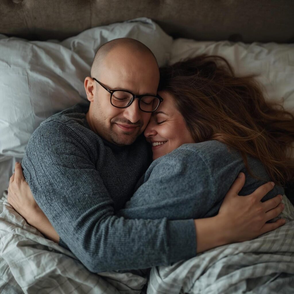 A bald man with narrow glasses and a heavyset woman with brown hair snuggling in bed, fully clothed.