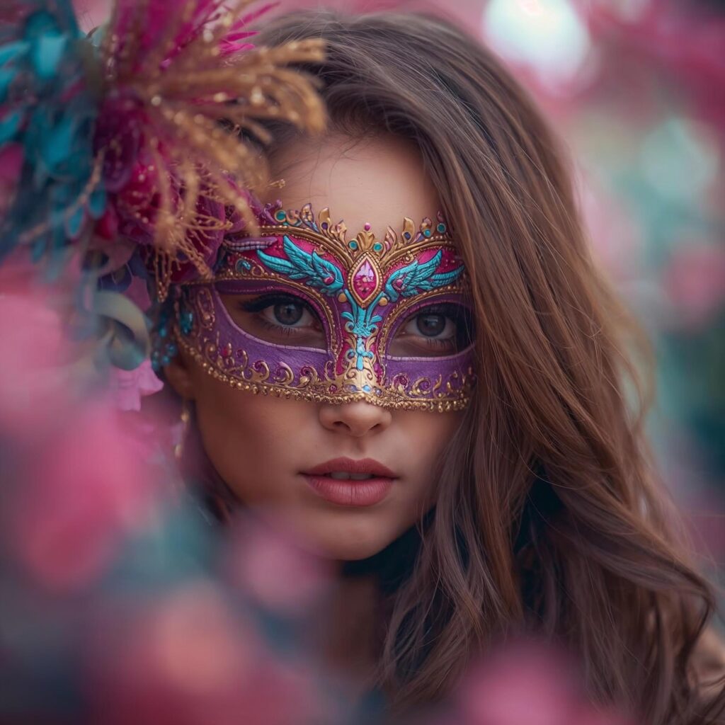 A lady in a colorful mask peeking around an obstacle.